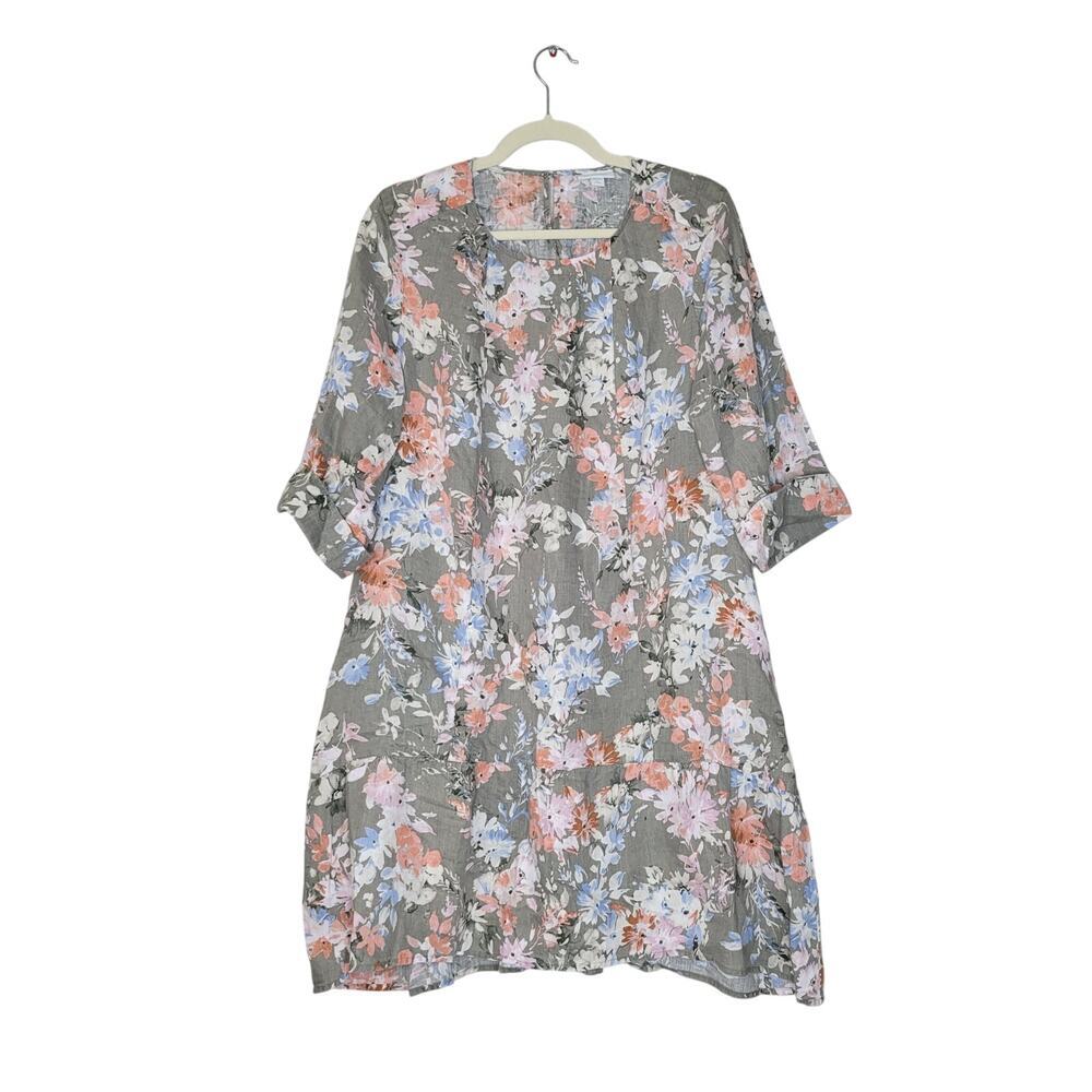 J. Jill Love Linen Dress Large Petite Floral Ruffle Hem Pockets Lagenlook Boho